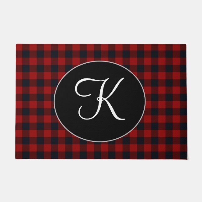 Personalised Monogram Red and Black Buffalo Plaid Doormat (Front)