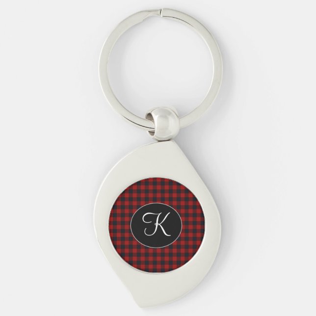 Personalised Monogram Red and Black Buffalo Plaid Key Ring (Front)