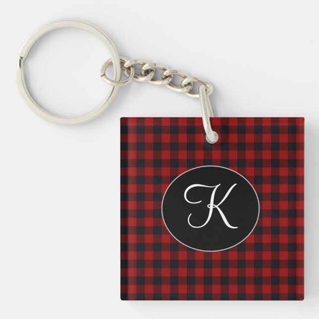 Personalised Monogram Red and Black Buffalo Plaid Key Ring (Front)