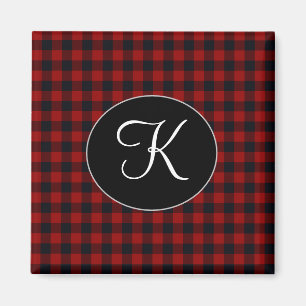 Personalised Monogram Red and Black Buffalo Plaid Magnet