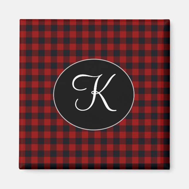 Personalised Monogram Red and Black Buffalo Plaid Magnet (Front)