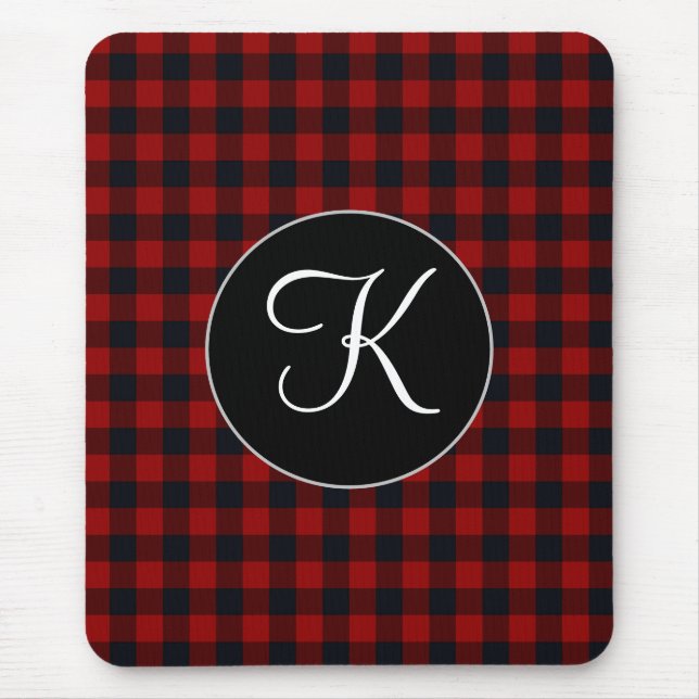 Personalised Monogram Red and Black Buffalo Plaid Mouse Mat (Front)