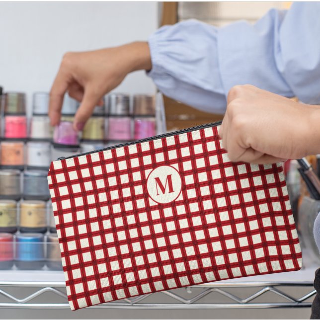 Personalised Monogram Red Gingham Feminine Makeup Accessory Pouch (Creator Uploaded)