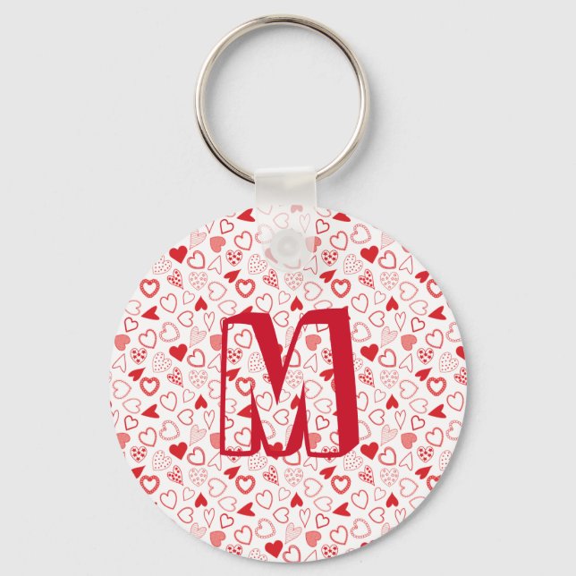 Personalised monogram red Hearts pattern Key Ring (Front)