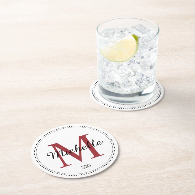Personalised Monogram Red Round Paper Coaster (Insitu)