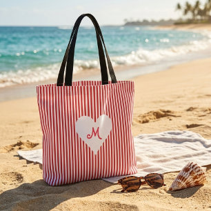 Personalised monogram red white stripes shopping tote bag