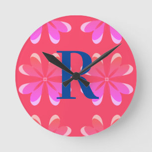 Personalised Monogram Retro Orange Pink Round Clock