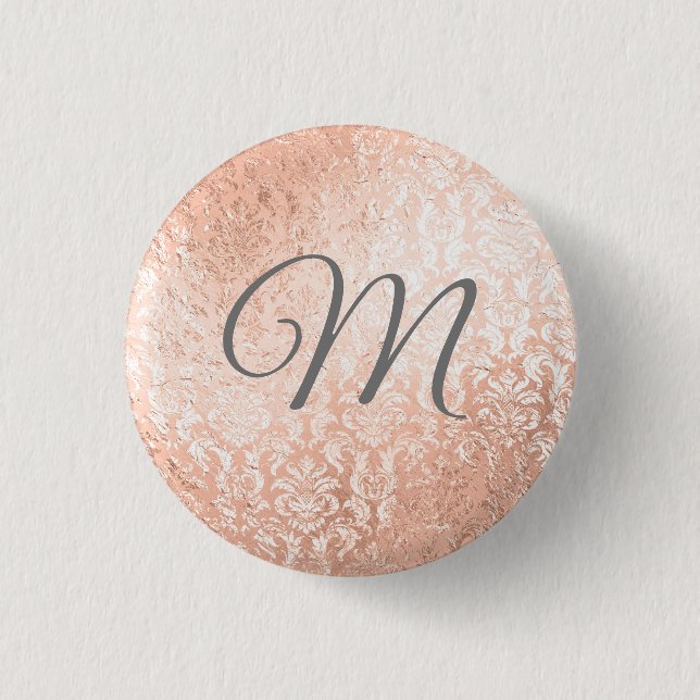 Personalised Monogram Rose Gold Damask 3 Cm Round Badge (Front)