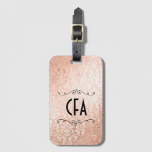 Personalised Monogram Rose Gold Damask Luggage Tag