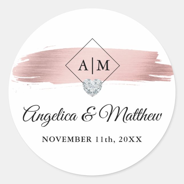 Personalised Monogram Rose Gold Heart Wedding Classic Round Sticker (Front)