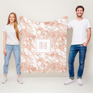 Personalised Monogram Rose Gold White Marble Fleece Blanket