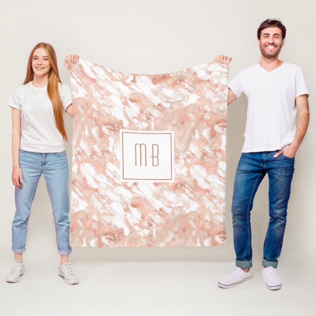 Personalised Monogram Rose Gold White Marble Fleece Blanket (In Situ)