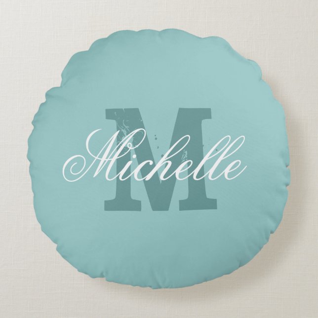 Personalised monogram round teal blue zippered round cushion (Front)