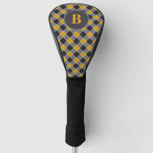 Personalised Monogram Saffron Yellow Grey Tartan Golf Head Cover