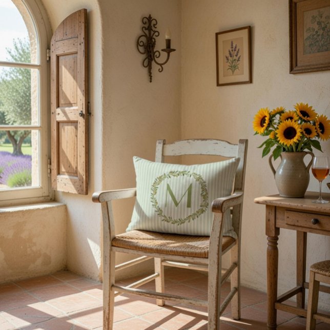 Personalised Monogram Sage Green Stripes & Olives Decorative Cushion (Creator Uploaded)