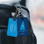 Personalised Monogram Sailboat Racing Blue Luggage Tag<br><div class="desc">This simple and stylish sailboat design is personalised with your name and monogram initials on the front, and your contact details on the back. A graphic style sailing boat illustration, including your monogram initials on the sail and your name in a handwritten script font. Luggage tag colours: dark navy, blue...</div>