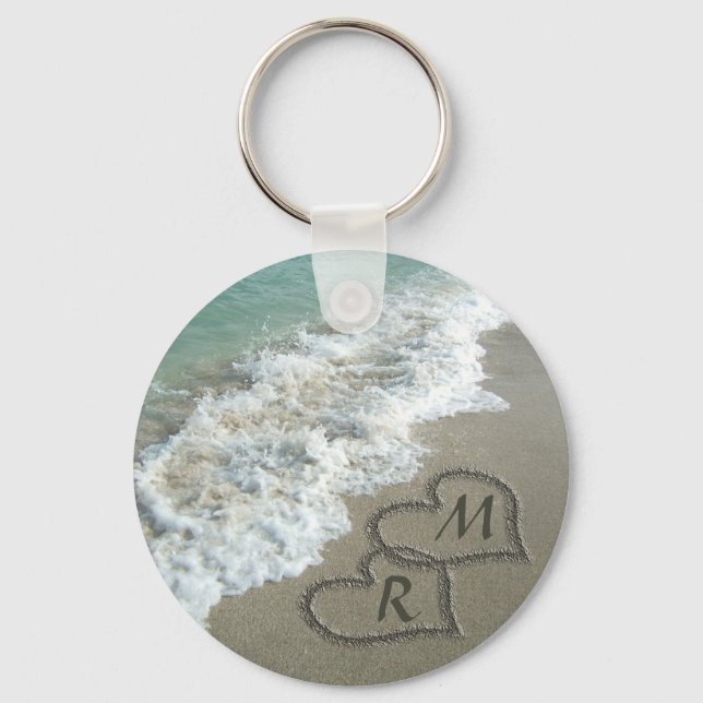 Personalised Monogram Sand Hearts on Beach Ocean Key Ring (Front)