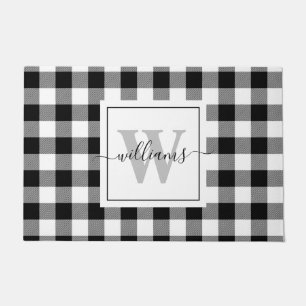 Personalised Monogram Script Black Buffalo Plaid Doormat