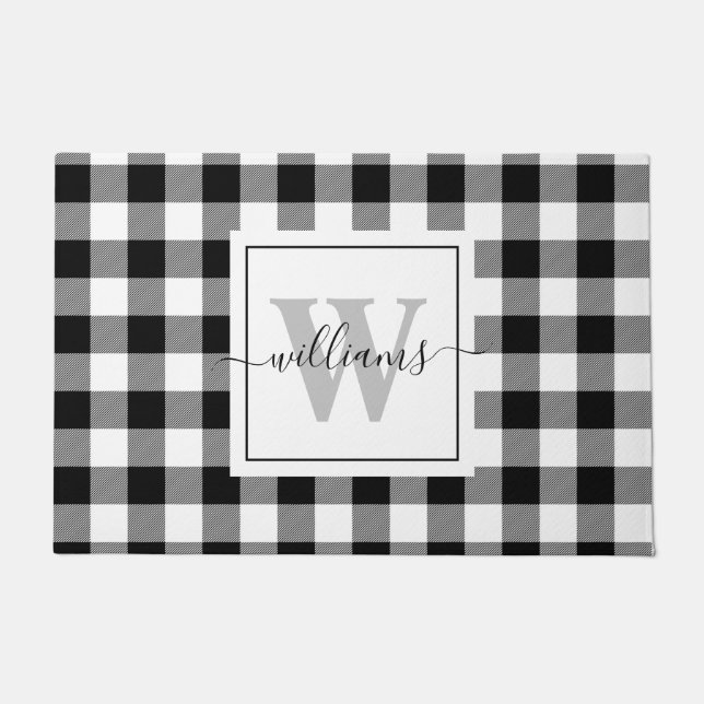Personalised Monogram Script Black Buffalo Plaid Doormat (Front)