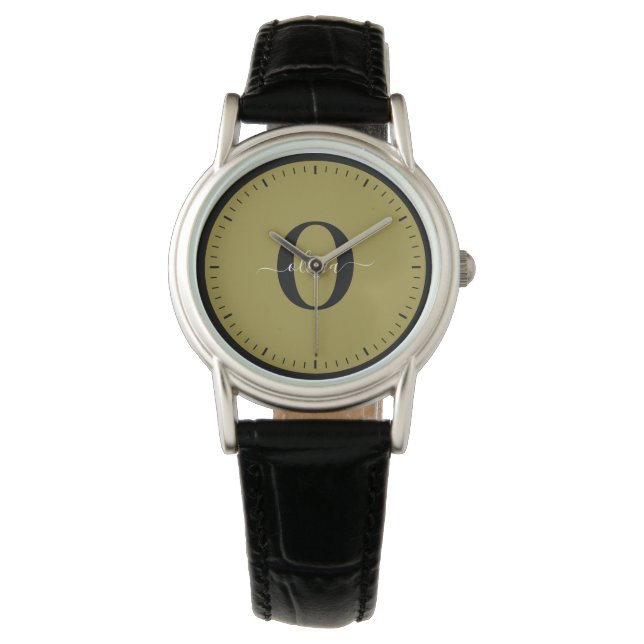 Personalised Monogram Script Name Black Gold White Watch (Front)