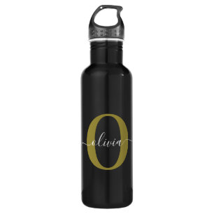 Personalised Monogram Script Name Black White Gold 710 Ml Water Bottle
