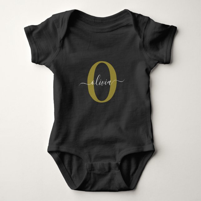 Personalised Monogram Script Name Black White Gold Baby Bodysuit (Front)