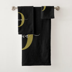 Personalised Monogram Script Name Black White Gold Bath Towel Set