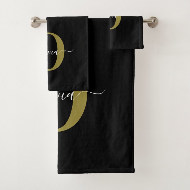 Personalised Monogram Script Name Black White Gold Bath Towel Set (Insitu)