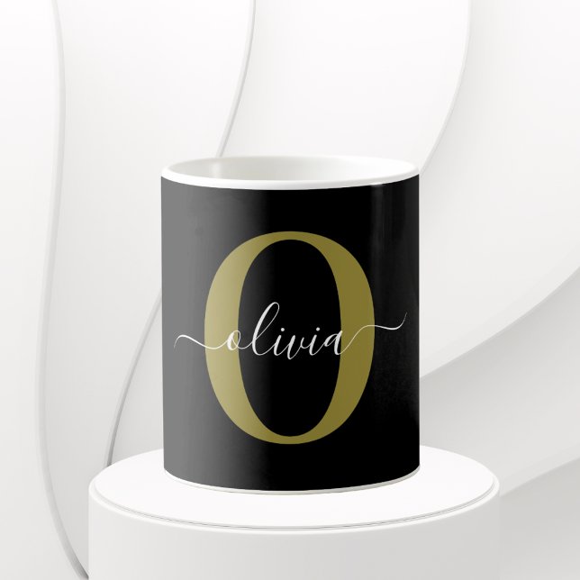 Personalised Monogram Script Name Black White Gold Coffee Mug (Creator Uploaded)