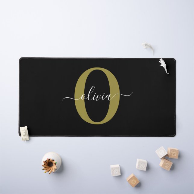 Personalised Monogram Script Name Black White Gold Desk Mat (Kids Table)