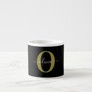 Personalised Monogram Script Name Black White Gold Espresso Cup
