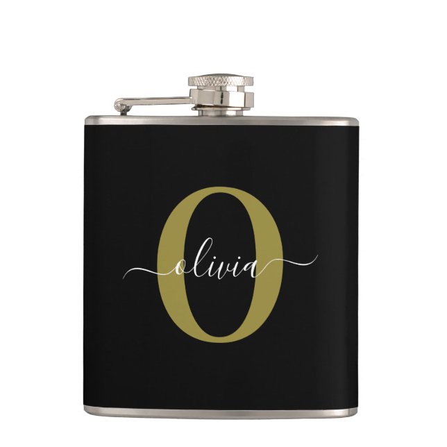 Personalised Monogram Script Name Black White Gold Hip Flask (Front)