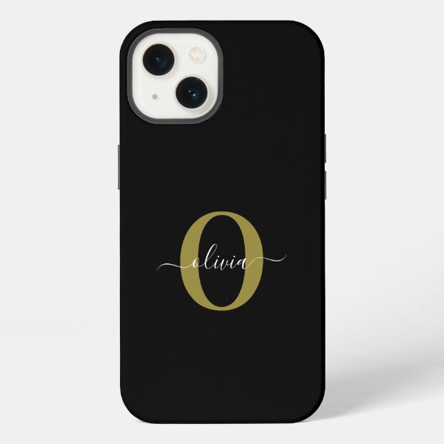 Personalised Monogram Script Name Black White Gold iPhone Case (Back)