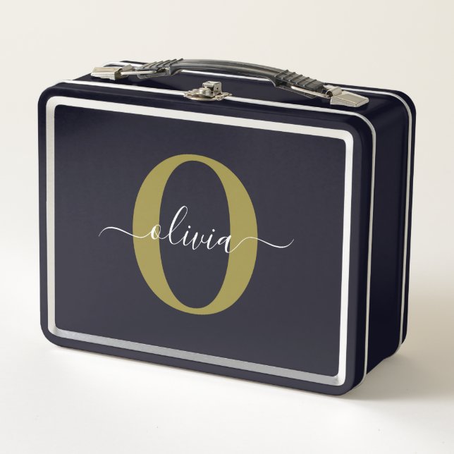Personalised Monogram Script Name Black White Gold Metal Lunch Box (Front)