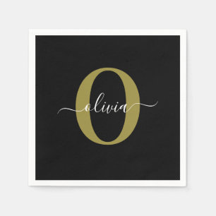 Personalised Monogram Script Name Black White Gold Napkin