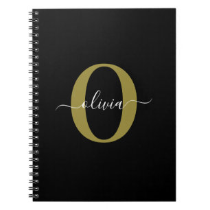 Personalised Monogram Script Name Black White Gold Notebook
