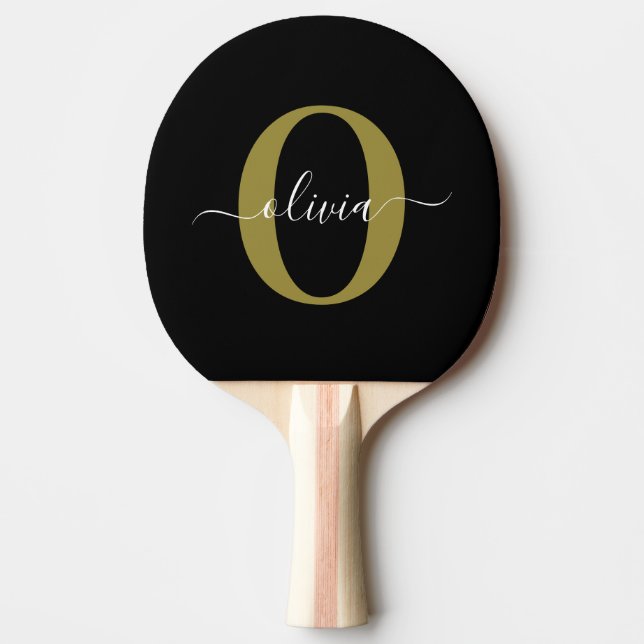 Personalised Monogram Script Name Black White Gold Ping Pong Paddle (Front)