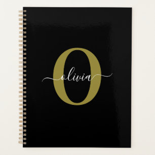 Personalised Monogram Script Name Black White Gold Planner