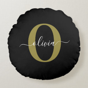 Personalised Monogram Script Name Black White Gold Round Cushion