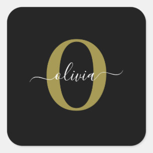 Personalised Monogram Script Name Black White Gold Square Sticker