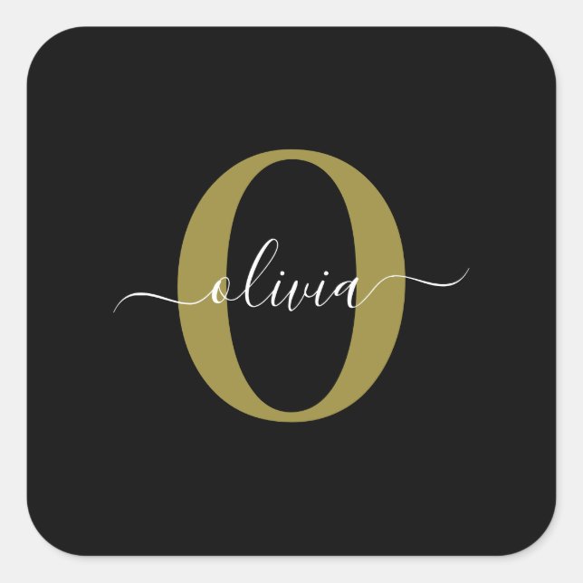 Personalised Monogram Script Name Black White Gold Square Sticker (Front)