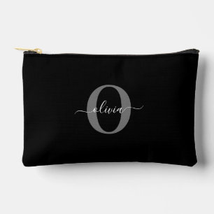 Personalised Monogram Script Name Black White Grey Accessory Pouch