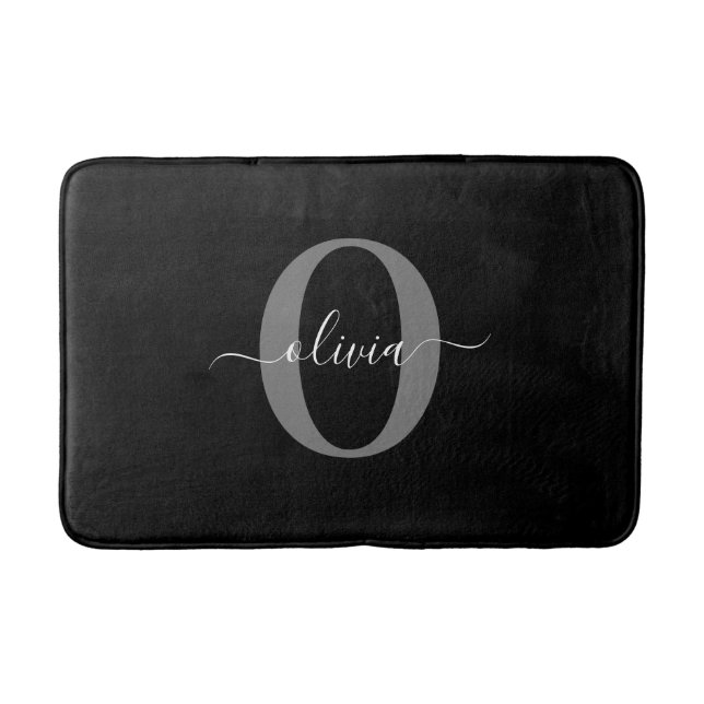 Personalised Monogram Script Name Black White Grey Bath Mat (Front)