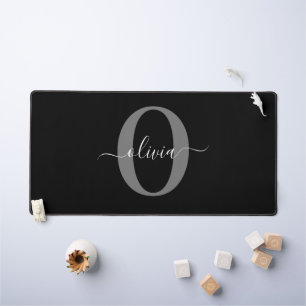 Personalised Monogram Script Name Black White Grey Desk Mat