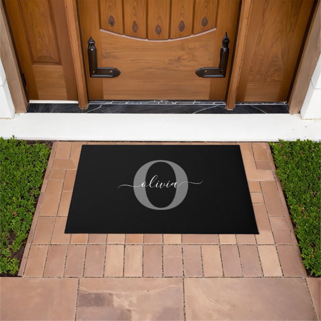 Personalised Monogram Script Name Black White Grey Doormat (Outdoor)