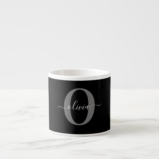 Personalised Monogram Script Name Black White Grey Espresso Cup (Front)