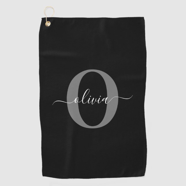 Personalised Monogram Script Name Black White Grey Golf Towel (Front)