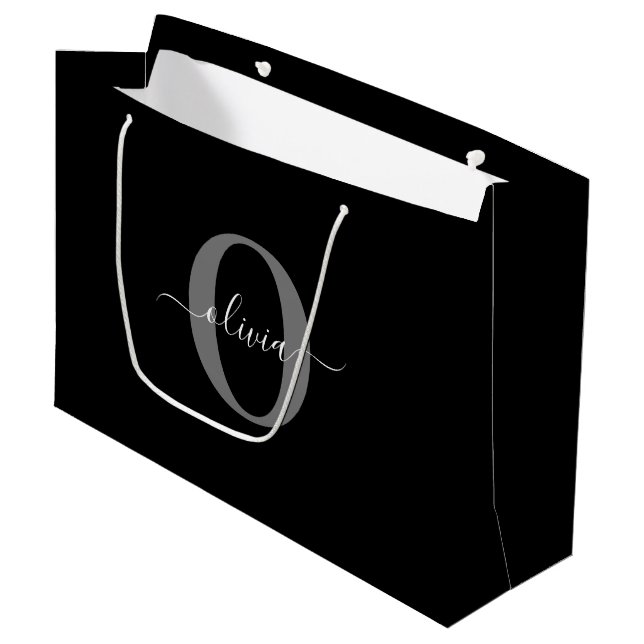 Personalised Monogram Script Name Black White Grey Large Gift Bag (Front Angled)