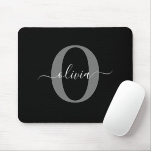 Personalised Monogram Script Name Black White Grey Mouse Mat