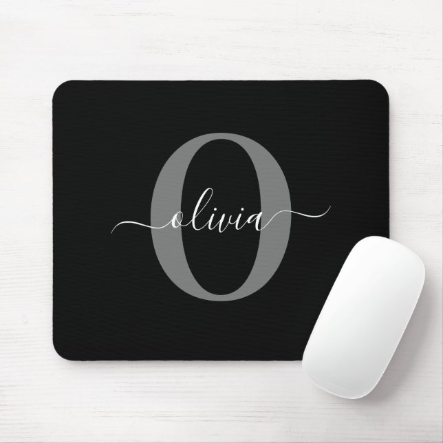 Personalised Monogram Script Name Black White Grey Mouse Mat (With Mouse)